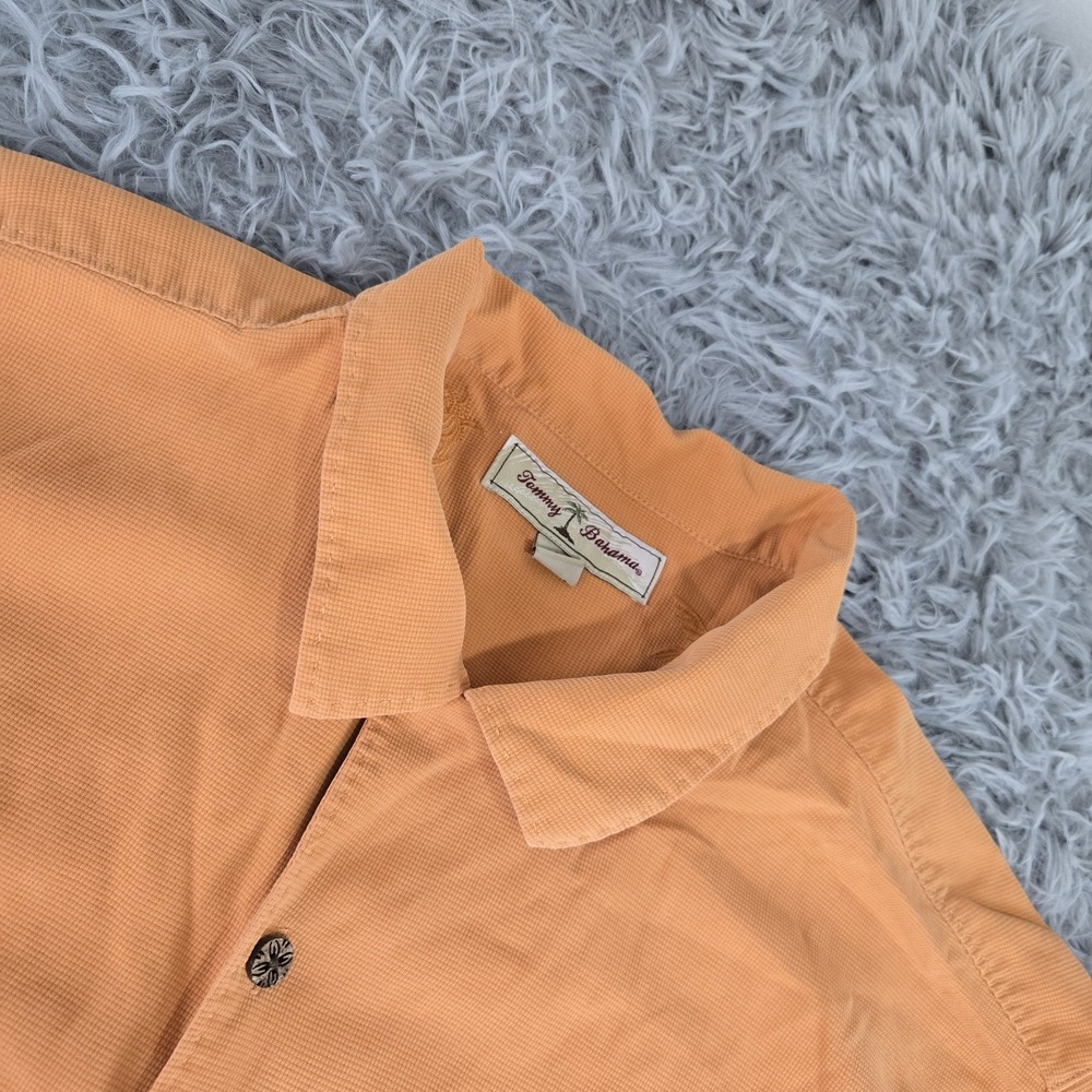 Tommy Bahama Mens Large Orange 100% Silk Textured Waffle Short Sleeve Camp Shirt